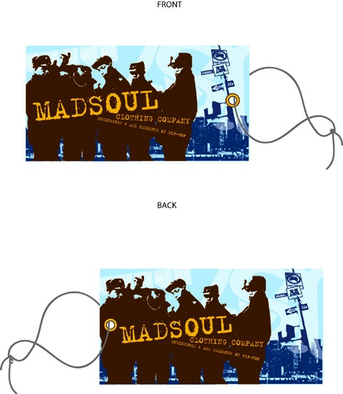 Madsoul hangtag with a silhouetted crew of five over a New York City skyline