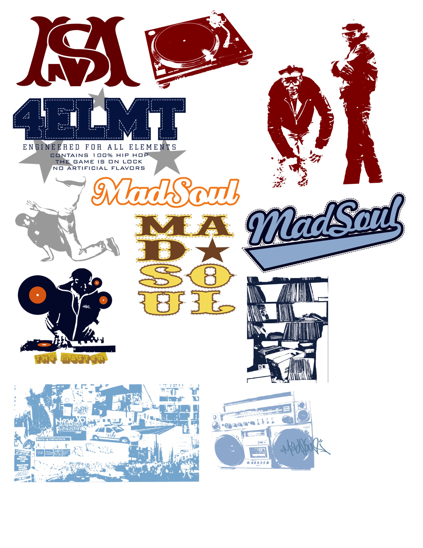 4ELMT design sheet with turntable, DJ, and b-boy graphics