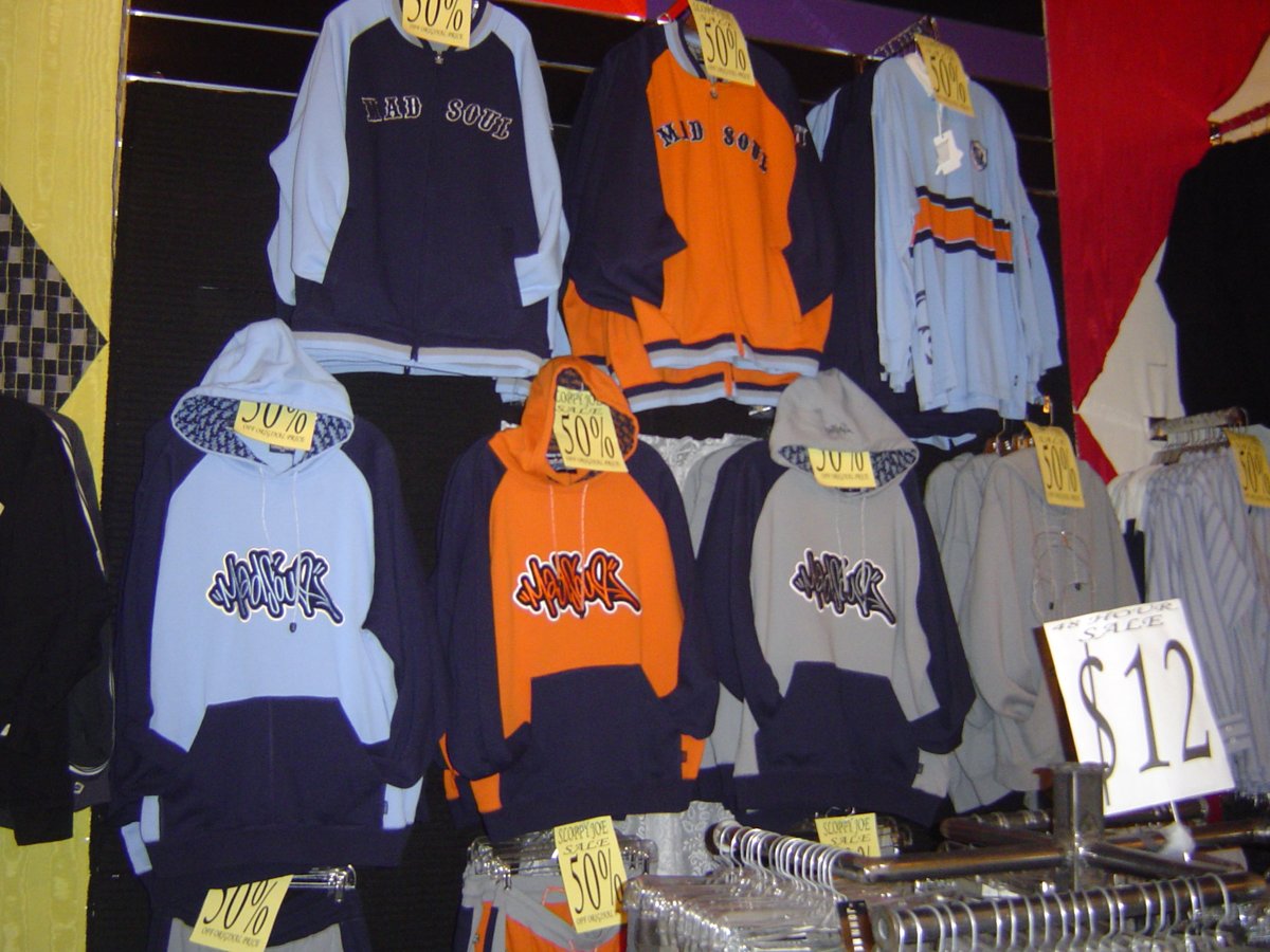 Madsoul hoodies on a retail sale rack, 50 percent off