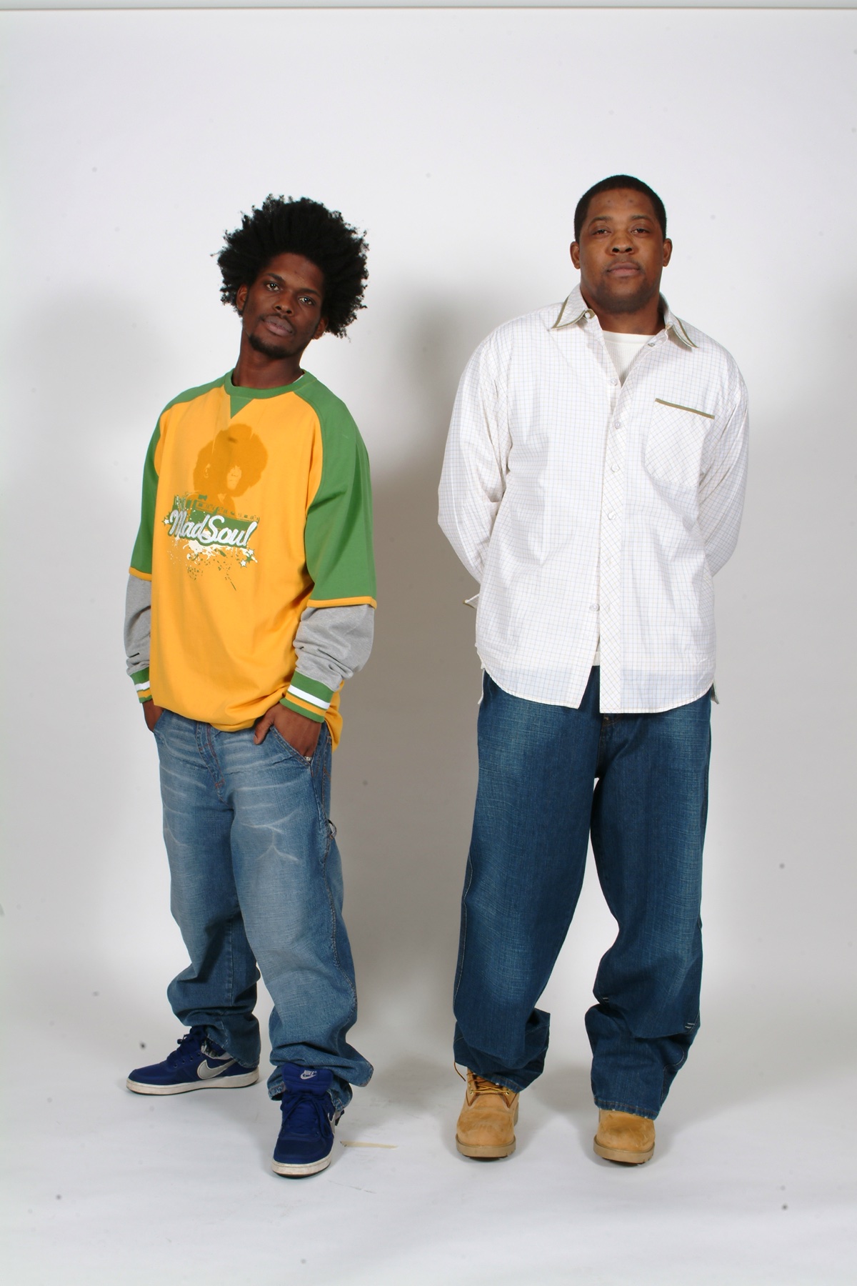 Two models together wearing Madsoul varsity jacket and jersey