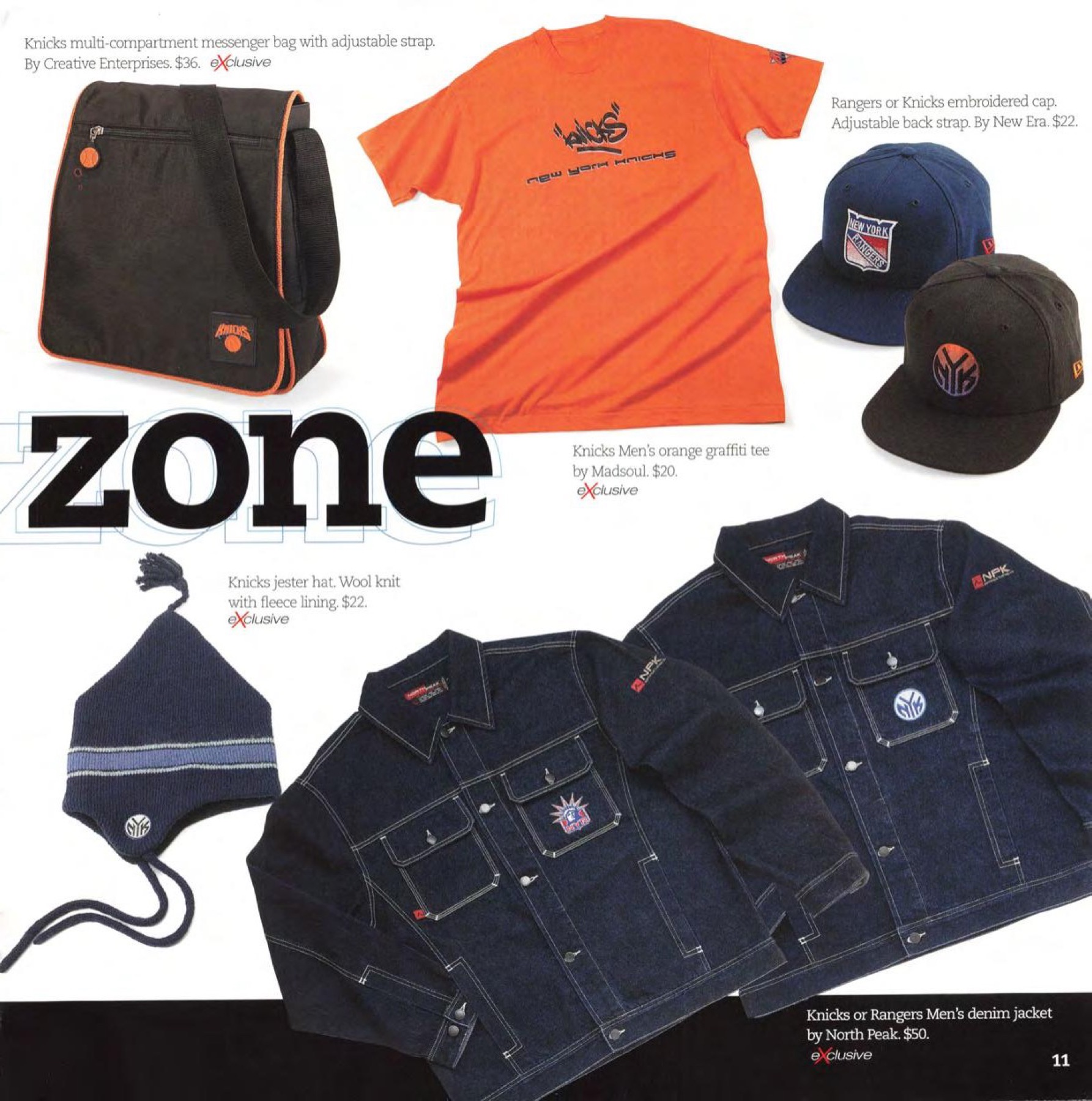 MSG Holiday 2000 catalog page listing the Knicks Men's orange graffiti tee by Madsoul, $20, exclusive