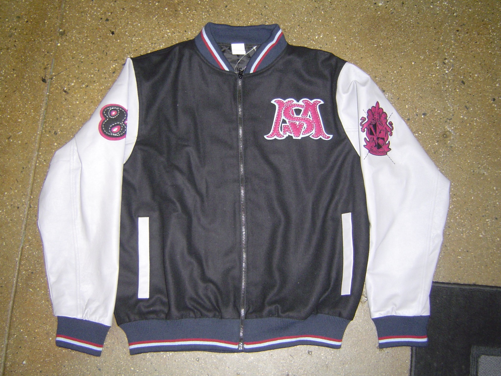 Madsoul varsity jacket with white leather sleeves and MSA monogram patch